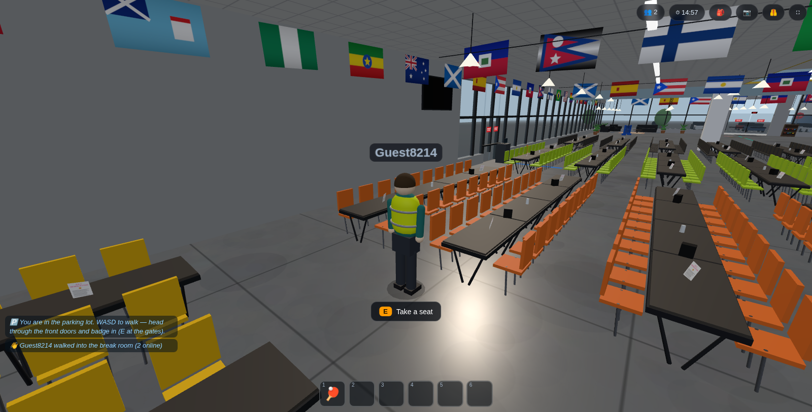 Cafeteria dining hall with world flags
